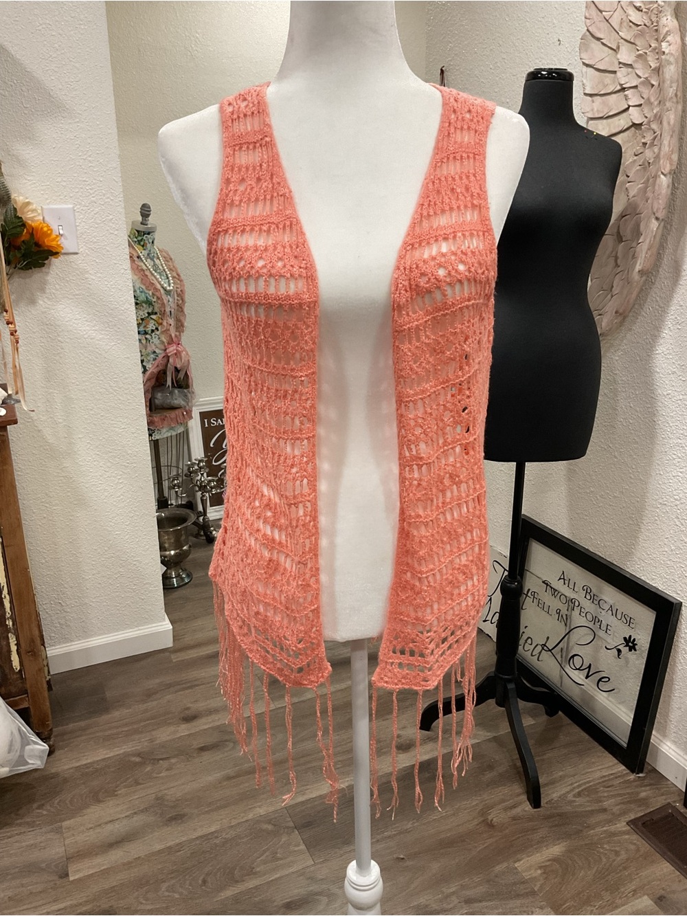 No Boundaries Crochet Fringe Vest in Coral Pink